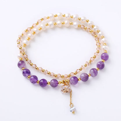Buddha Stones Natural Amethyst Aquamarine Strawberry Quartz Pearl Peace Healing Double Wrap Bracelet
