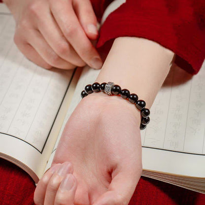 Buddha Stones Chinese Zodiac Natal Buddha 925 Sterling Silver Black Obsidian Moonstone Strength Bracelet