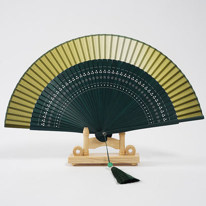 Buddha Stones Gradient Color Hollow Engraved Handheld Bamboo Folding Fan