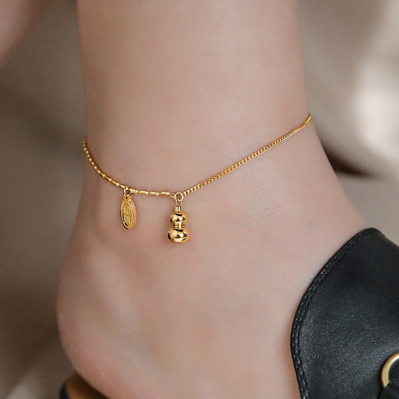 Buddha Stones 18k Gold Plated Copper Lucky Gourd Design Wealth Buckle Anklet