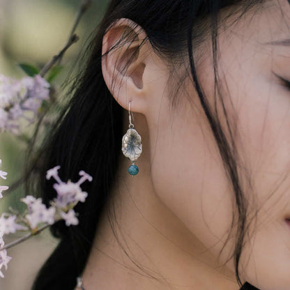 Buddha Stones 925 Sterling Silver Turquoise Lotus Leaf Protection Drop Dangle Earrings