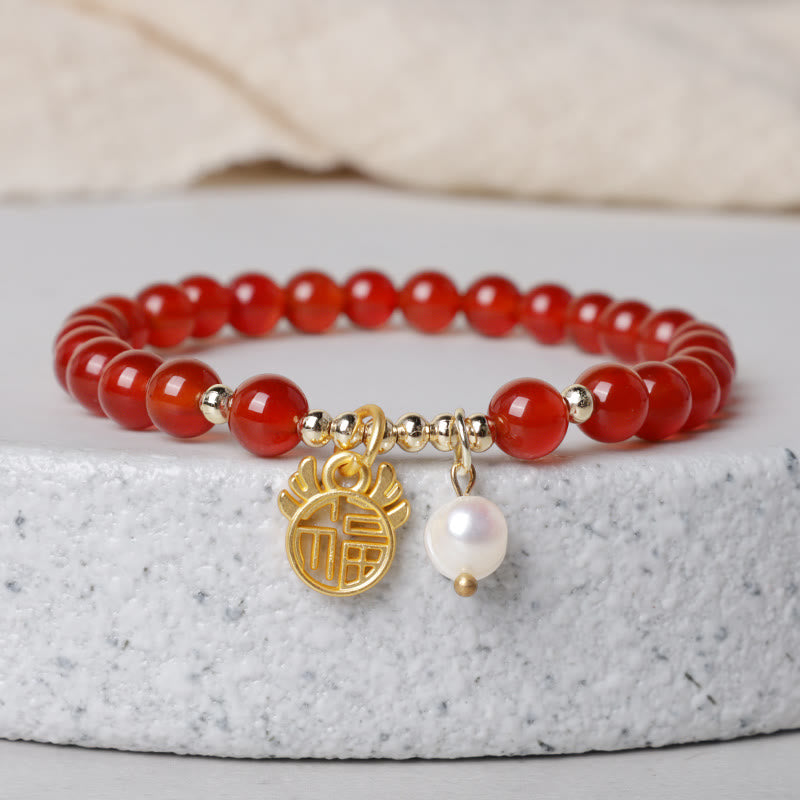 Buddha Stones Year of the Dragon Red Agate Jade Peace Buckle Fu Character Success Bracelet (Extra 30% Off | USE CODE: FS30)