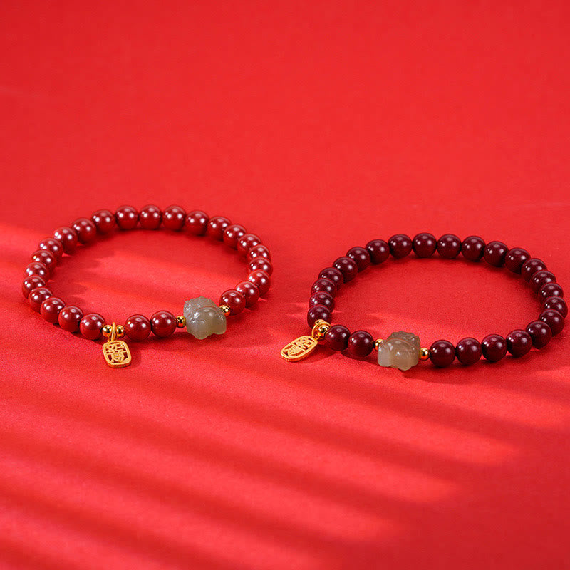 Buddha Stones 925 Sterling Silver Year of the Dragon Natural Cinnabar Hetian Jade Dragon Fu Character Ruyi As One Wishes Charm Blessing Bracelet (Extra 30% Off | USE CODE: FS30)