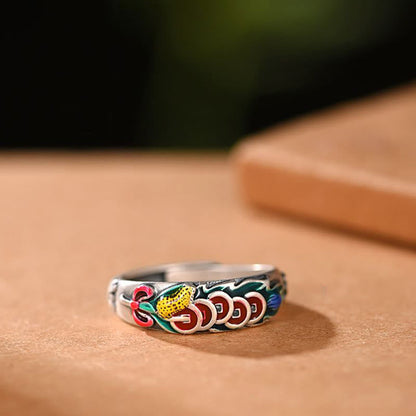 Buddha Stones Feng Shui Five Emperor Coins Wealth Ring