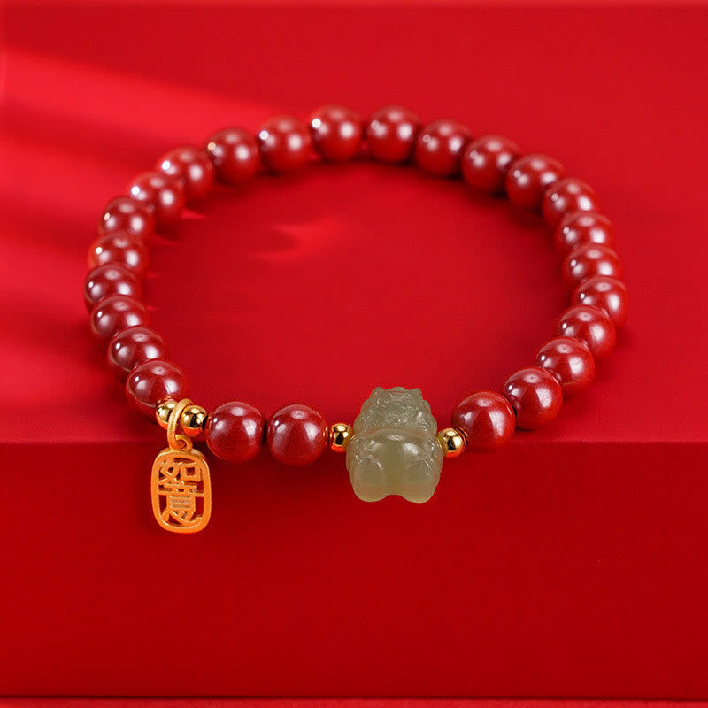 Buddha Stones 925 Sterling Silver Year of the Dragon Natural Cinnabar Hetian Jade Dragon Fu Character Ruyi As One Wishes Charm Blessing Bracelet (Extra 30% Off | USE CODE: FS30)