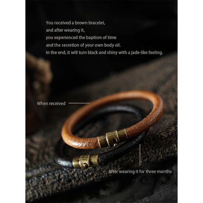 Buddha Stones Retro Leather Luck Healing Copper Magnetic Buckle Bracelet
