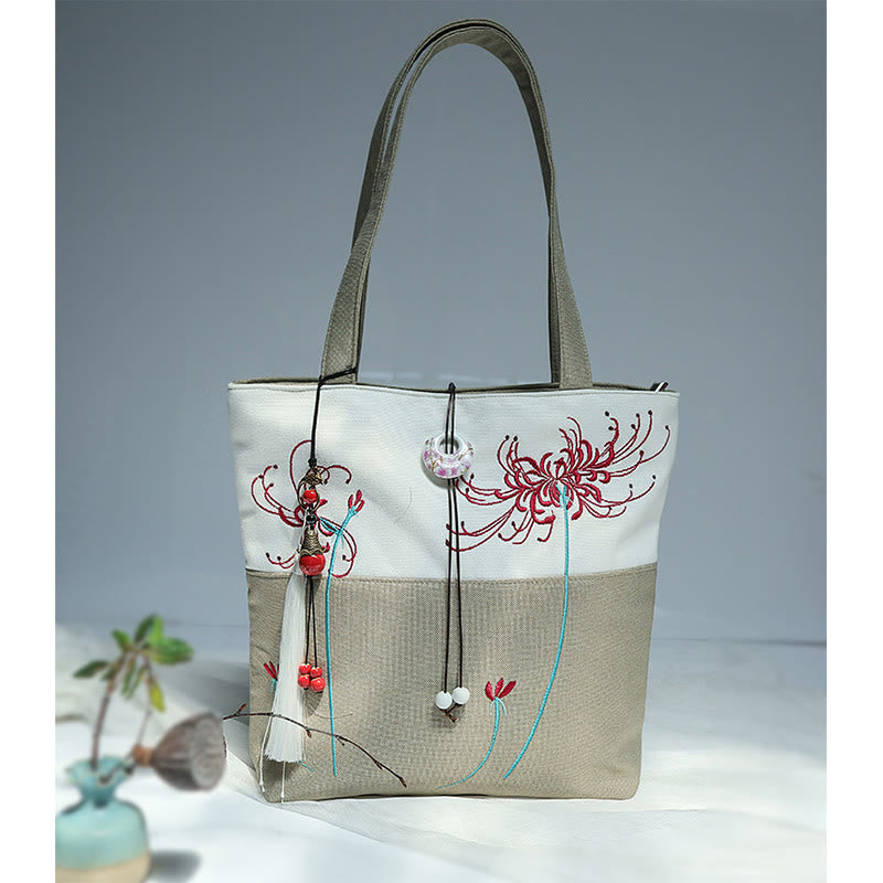 Buddha Stones Pear Flower Plum Peach Blossom Bamboo Embroidery Canvas Large Capacity Shoulder Bag Tote Bag