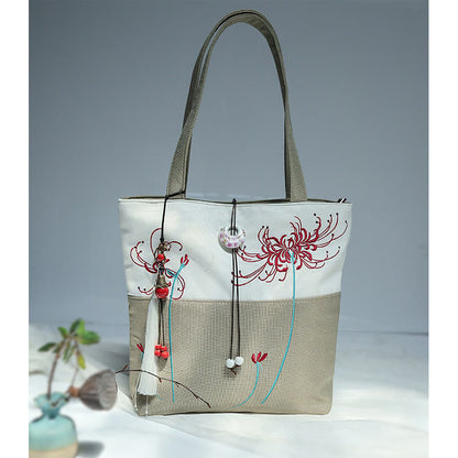 Buddha Stones Pear Flower Plum Peach Blossom Bamboo Embroidery Canvas Large Capacity Shoulder Bag Tote Bag