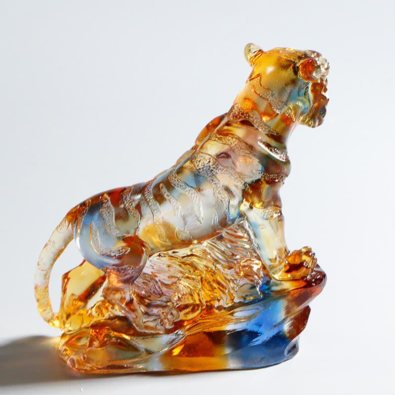 Buddha Stones Handmade Liuli Crystal Tiger Art Piece Protection Home Decoration