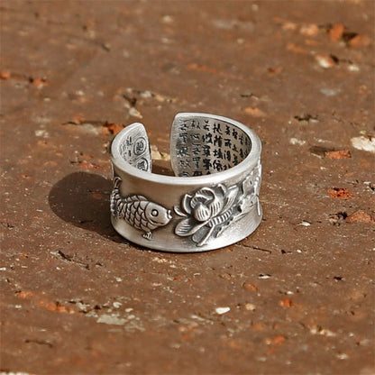 Buddha Stones 999 Sterling Silver Luck Koi Fish Lotus Heart Sutra Wealth Ring