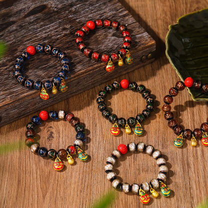 Buddha Stones Gold Swallowing Beast Family Colorful Cinnabar Bead Bracelet