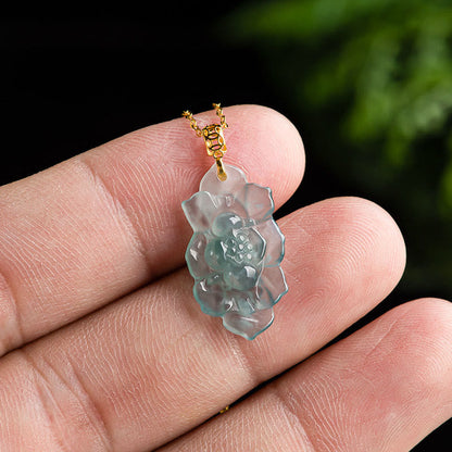 Buddha Stones 925 Sterling Silver Chain 18K Gold Buckle Natural Jade Lotus Pattern Prosperity Necklace Pendant