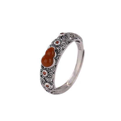 Buddha Stones 925 Sterling Silver Red Agate Cyan Jade Gourd Blessing Auspicious Ring