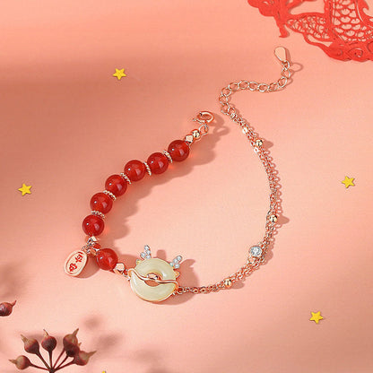 Buddha Stones 925 Sterling Silver Year of the Dragon Natural Red Agate Hetian Jade Peace Buckle Luck Success Bracelet (Extra 30% Off | USE CODE: FS30)