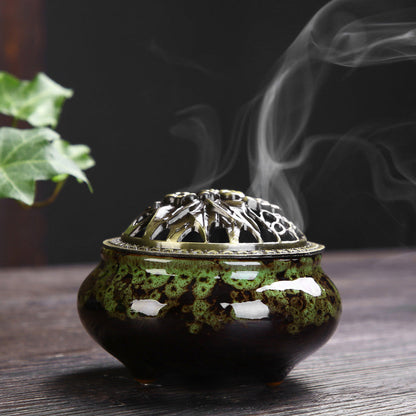 Buddha Stones Flower Pattern Ceramic Blessing Meditation Incense Burner Decoration