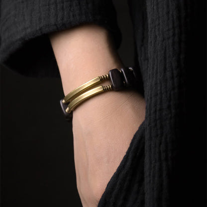 Buddha Stones Tibetan Ebony Wood Brass Copper Balance Double Layer Bracelet