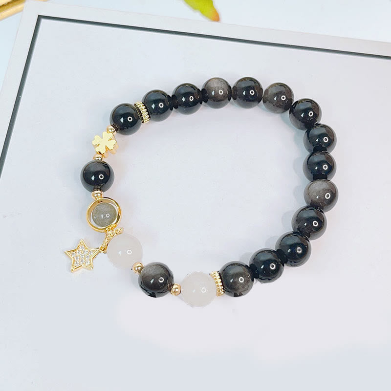 Buddha Stones Natural Silver Sheen Obsidian Love Heart Star Flower Protection Bracelet (Extra 30% Off | USE CODE: FS30)