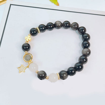 Buddha Stones Natural Silver Sheen Obsidian Love Heart Star Flower Protection Bracelet (Extra 30% Off | USE CODE: FS30)