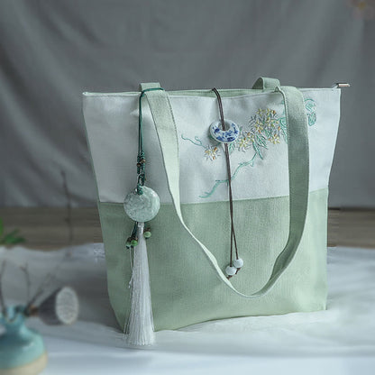 Buddha Stones Pear Flower Plum Peach Blossom Bamboo Embroidery Canvas Large Capacity Shoulder Bag Tote Bag
