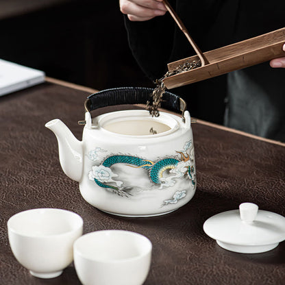 Buddha Stones Vintage Dragon Mountain Fisherman Landscape White Porcelain Ceramic Kung Fu Teapot