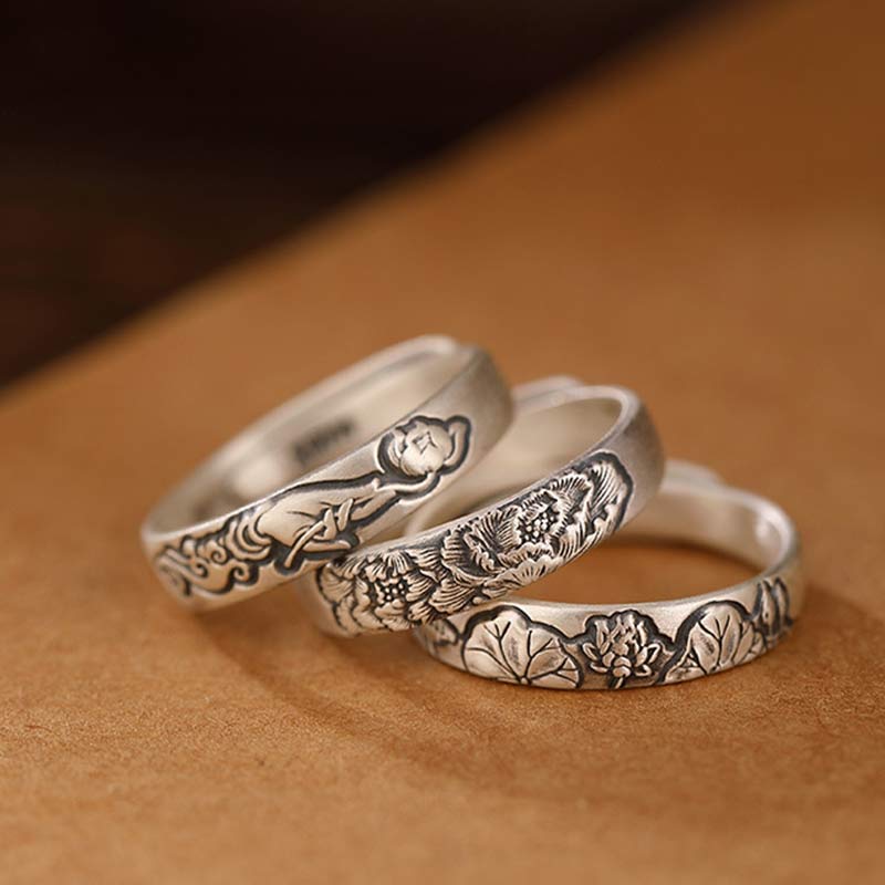 Buddha Stones 999 Sterling Silver Lotus Peony Flower Enlightenment Ring
