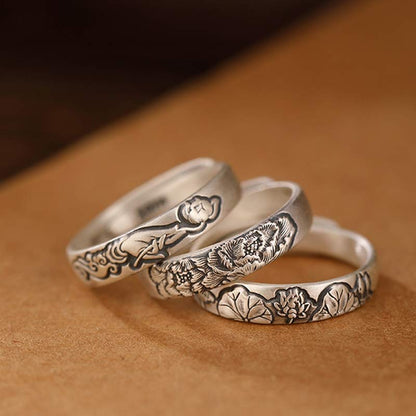Buddha Stones 999 Sterling Silver Lotus Peony Flower Enlightenment Ring