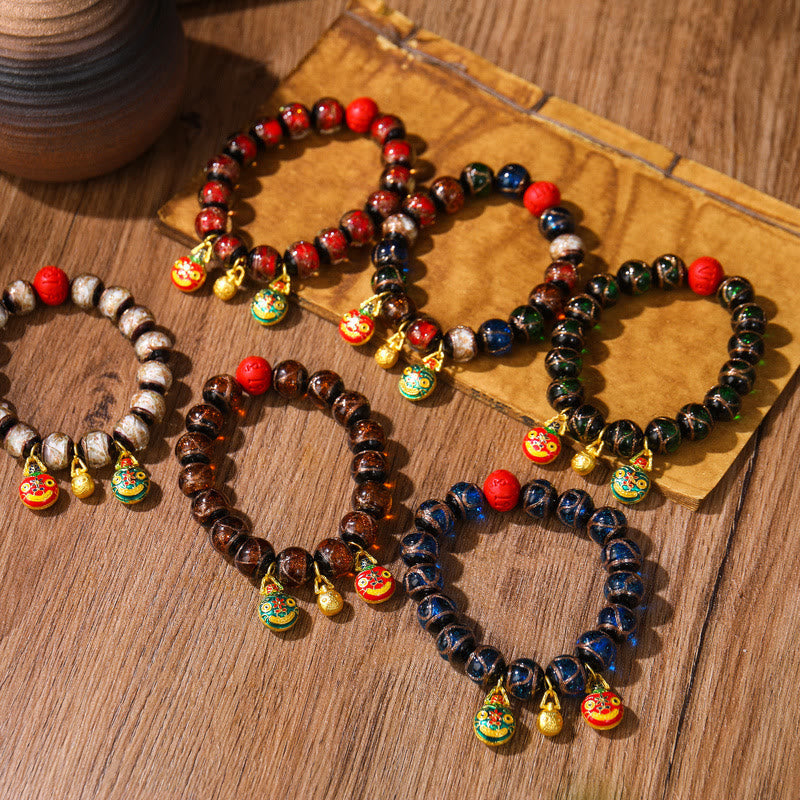 Buddha Stones Gold Swallowing Beast Family Colorful Cinnabar Bead Bracelet