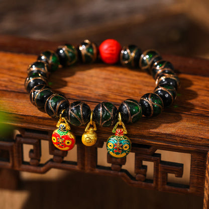 Buddha Stones Gold Swallowing Beast Family Colorful Cinnabar Bead Bracelet