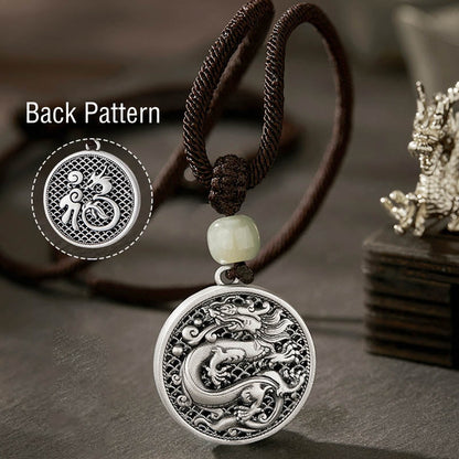 Buddha Stones 999 Sterling Silver Year of the Dragon Fu Character Hetian Jade Success Necklace Pendant