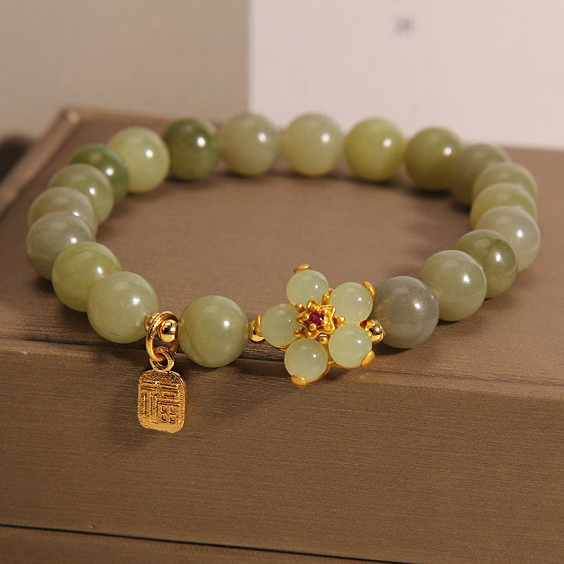 Buddha Stones "Hoping for Peace and Blooming Joy" Green Jade Bracelet Includes Gift Message Card