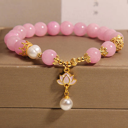 Buddha Stones Pink Quartzite Pearl Lotus Charm Harmony Bracelet