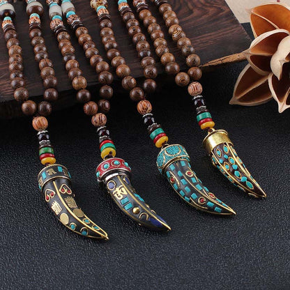 Buddha Stones Tibet Wenge Wood Om Mani Padme Hum OM Symbol Mantra Horn Pattern Protection Necklace Pendant