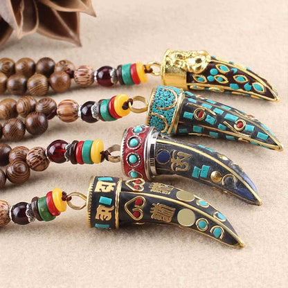Buddha Stones Tibet Wenge Wood Om Mani Padme Hum OM Symbol Mantra Horn Pattern Protection Necklace Pendant