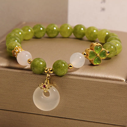 Buddha Stones Green Tourmaline Chalcedony Four Leaf Clover Peace Buckle Charm Wisdom Bracelet