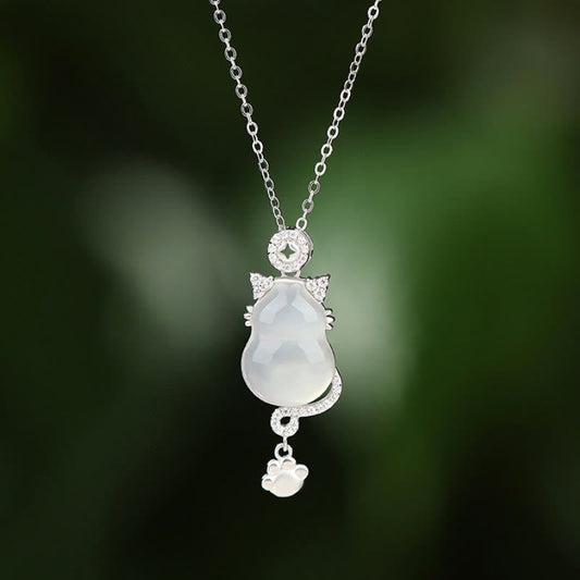 Buddha Stones 925 Sterling Silver Plated 14k Gold White Jade Gourd Cat Protection Necklace Pendant