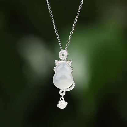 Buddha Stones 925 Sterling Silver Plated 14k Gold White Jade Gourd Cat Protection Necklace Pendant
