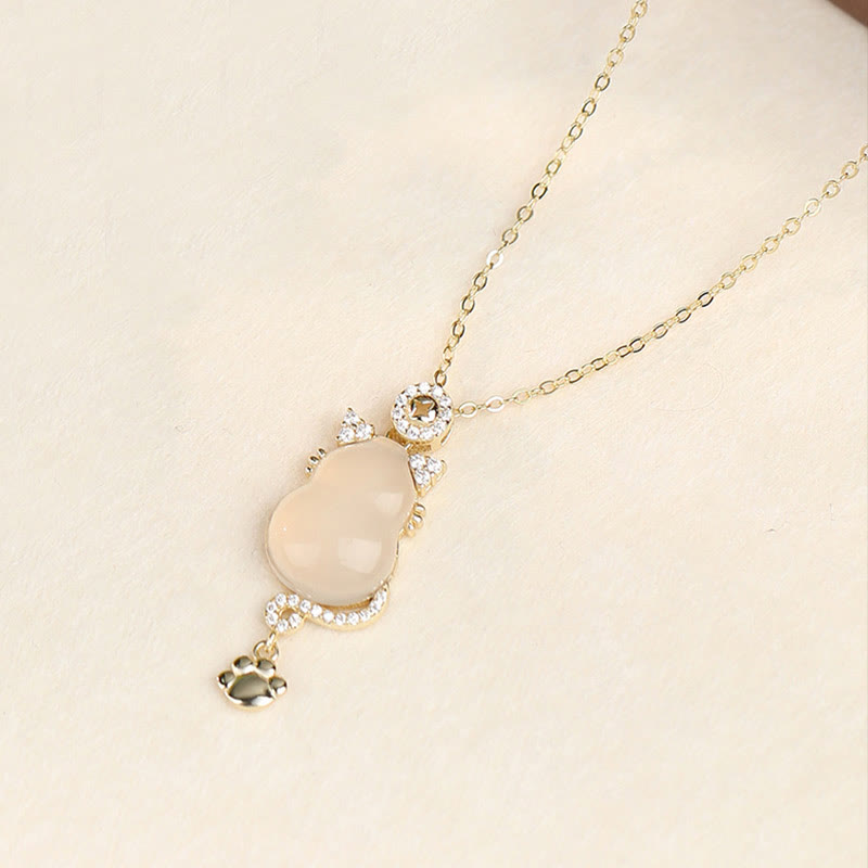 Buddha Stones 925 Sterling Silver Plated 14k Gold White Jade Gourd Cat Protection Necklace Pendant