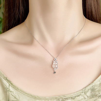 Buddha Stones 925 Sterling Silver Plated 14k Gold White Jade Gourd Cat Protection Necklace Pendant
