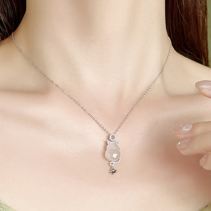 Buddha Stones 925 Sterling Silver Plated 14k Gold White Jade Gourd Cat Protection Necklace Pendant