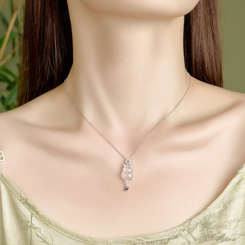 Buddha Stones 925 Sterling Silver Plated 14k Gold White Jade Gourd Cat Protection Necklace Pendant