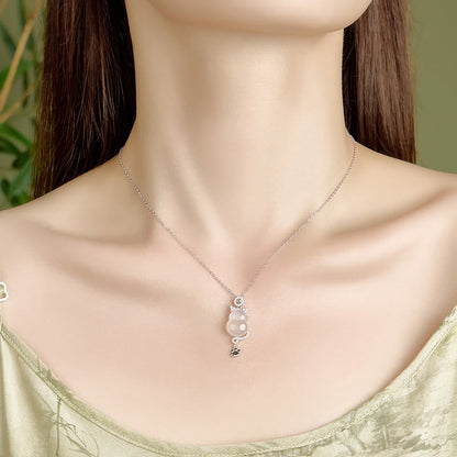 Buddha Stones 925 Sterling Silver Plated 14k Gold White Jade Gourd Cat Protection Necklace Pendant