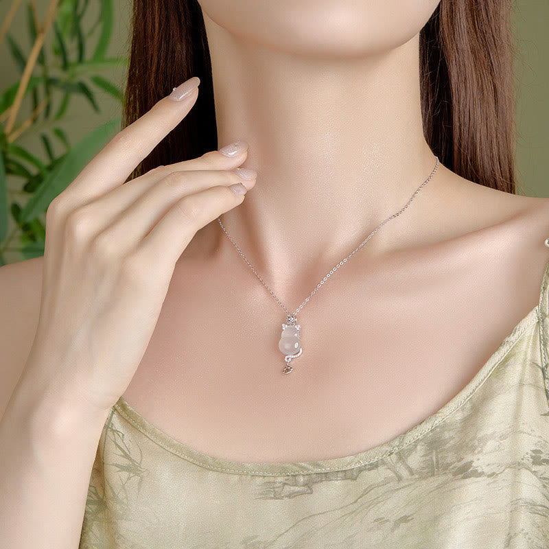 Buddha Stones 925 Sterling Silver Plated 14k Gold White Jade Gourd Cat Protection Necklace Pendant