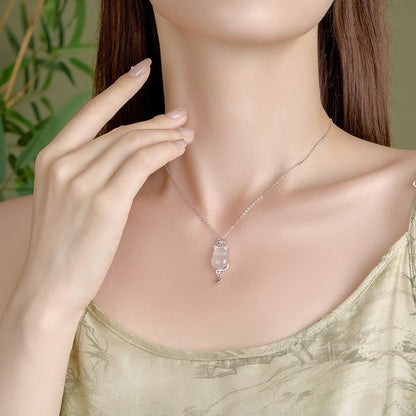 Buddha Stones 925 Sterling Silver Plated 14k Gold White Jade Gourd Cat Protection Necklace Pendant