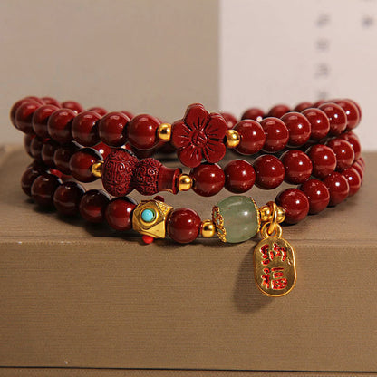 Buddha Stones Cinnabar Fu Character Flower Gourd Triple Wrap Blessing Bracelet