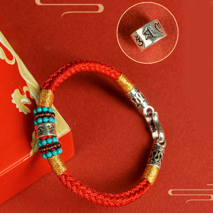 Buddha Stones Red String Black String Six True Words 925 Sterling Silver Connection Bracelet