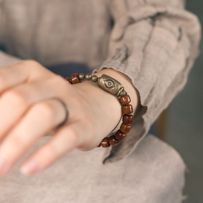 Buddha Stones Bone Beads Dzi Shape Copper Cone Pendant Strength Bracelet