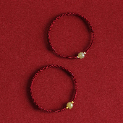Buddha Stones Natural Hetian Jade 999 Gold Beads Protection Luck Braided Bracelet Anklet
