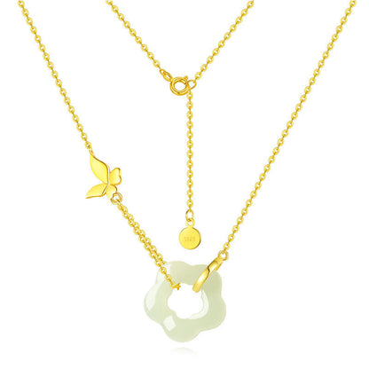 Buddha Stones 925 Sterling Silver Butterfly Hetian Jade Flower Blessing Necklace Pendant