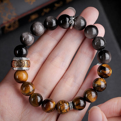 Buddha Stones Natural Silver Sheen Obsidian Tiger's Eye Six True Words 'Om Mani Padme Hum' Strength Bracelet