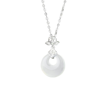 Buddha Stones Chalcedony 925 Sterling Silver Lotus Flower Fu Character Peace Buckle Positive Necklace Pendant